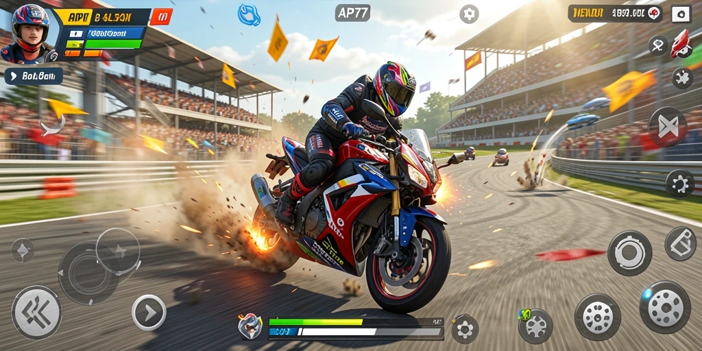 Gameplay seru dalam balapan motor API77 yang menantang.
