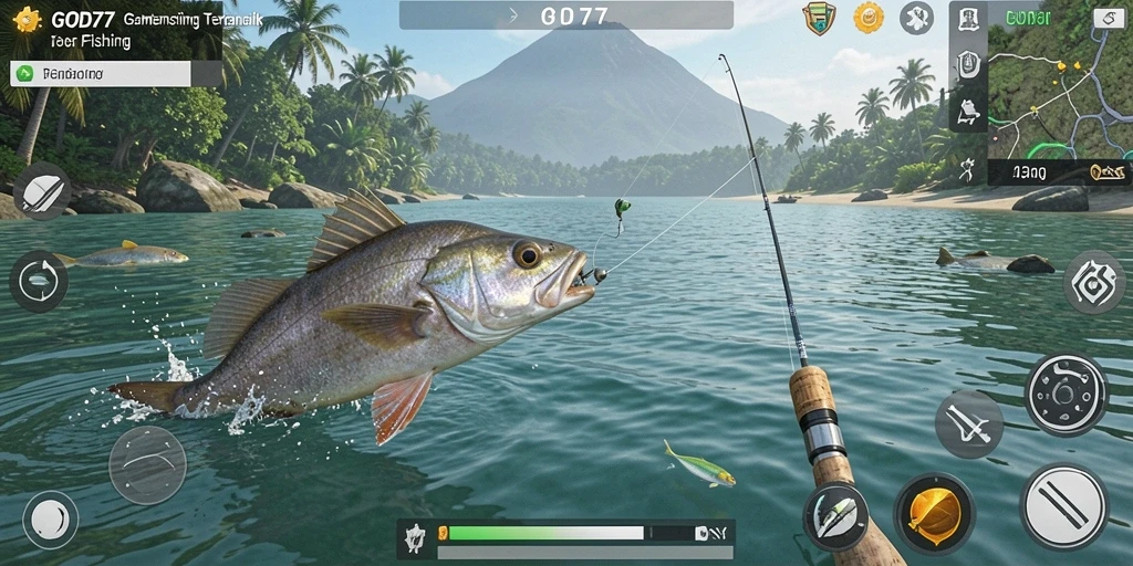 Screenshot utama GOD77 menampilkan gameplay menegangkan saat menangkap ikan.