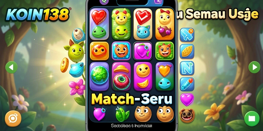 Screenshot KOIN138 menampilkan gameplay mencocokkan objek berwarna-warni.