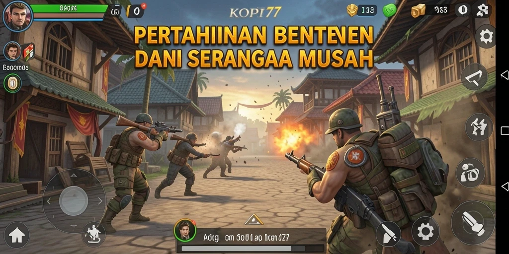 Screenshot dari gameplay KOPI77 yang menampilkan pertahanan tower melawan musuh.